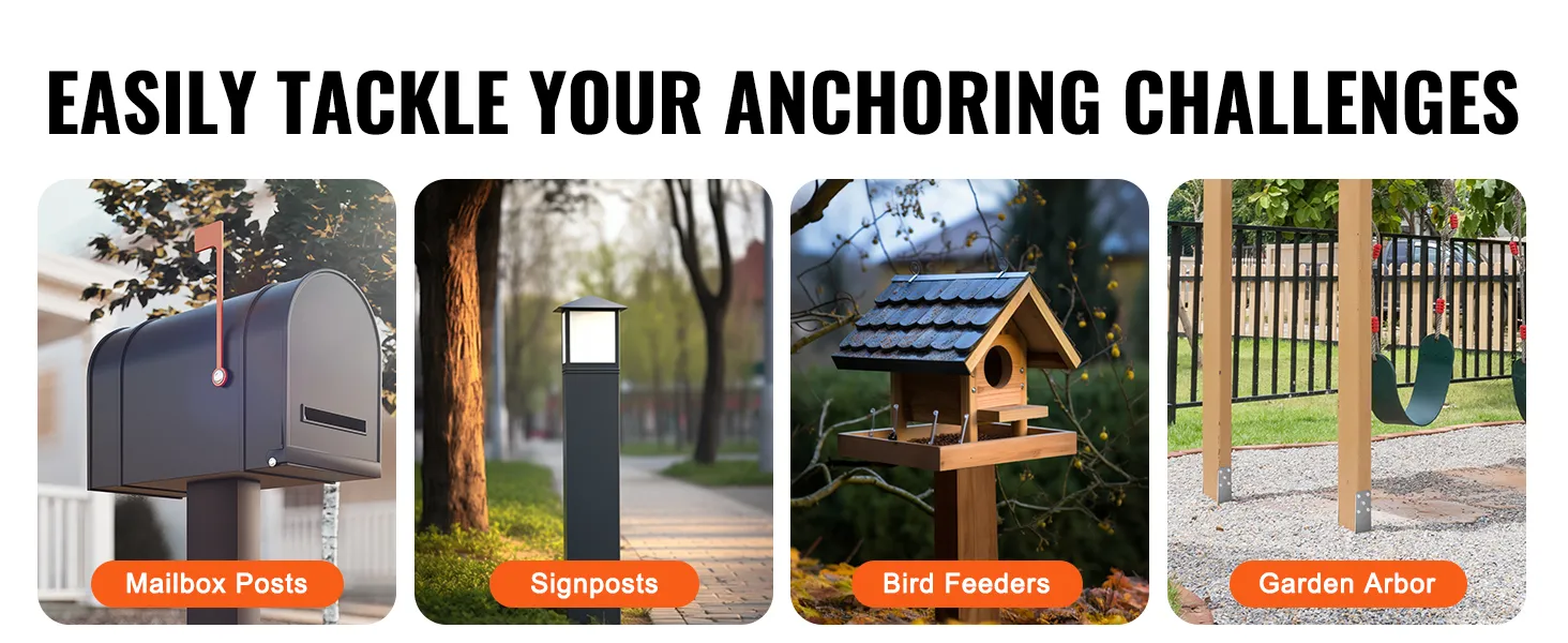 tackle anchoring challenges with VEVOR no dig ground anchor for mailbox posts, signposts, bird feeders, and garden arbor.