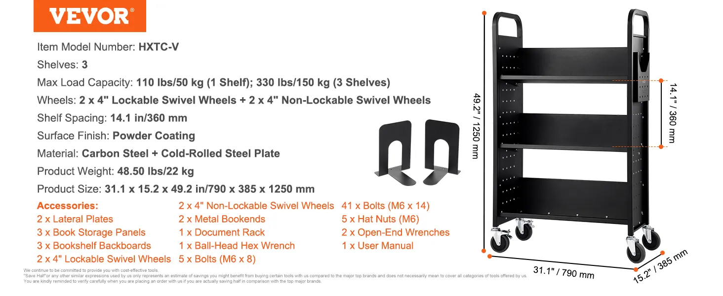 VEVOR book cart, 3 shelves, 4" swivel wheels, powder-coated carbon steel, 1250 mm tall.