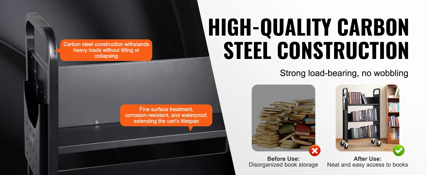 carbon steel VEVOR book cart with fine surface treatment, durable and waterproof for neat book storage.