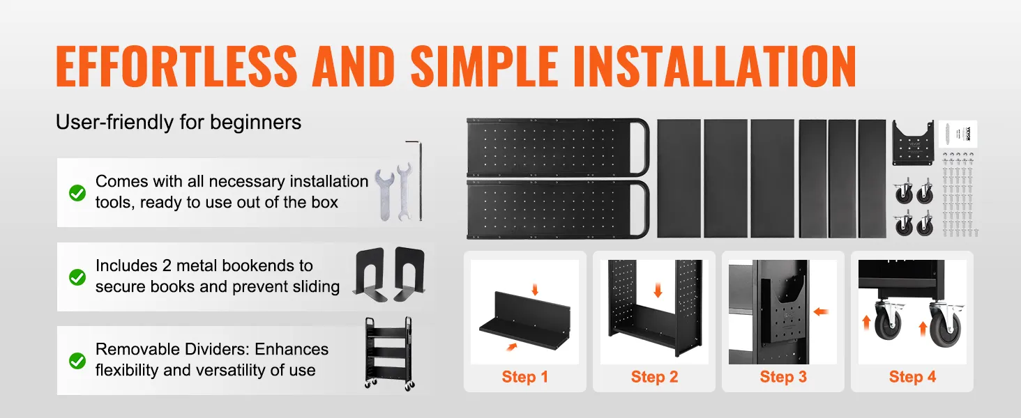 effortless installation of VEVOR book cart with metal bookends, removable dividers, and included tools.