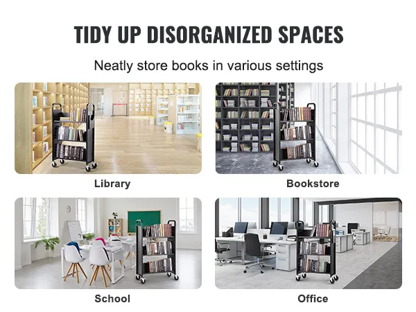 VEVOR book cart neatly organizing books in library, bookstore, school, and office settings.