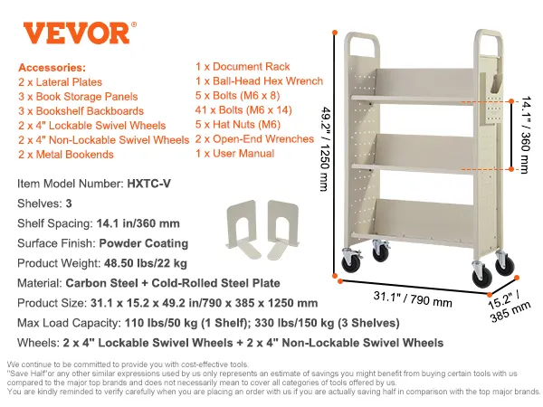 Carro para libros VEVOR con 3 estantes, ruedas giratorias con cerradura, acero al carbono, capacidad de 110 libras por estante.
