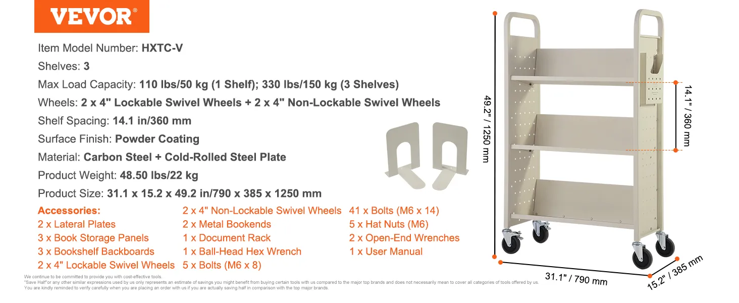 Carro para libros VEVOR con 3 estantes, ruedas giratorias con cerradura, acero al carbono, capacidad de 110 libras por estante.