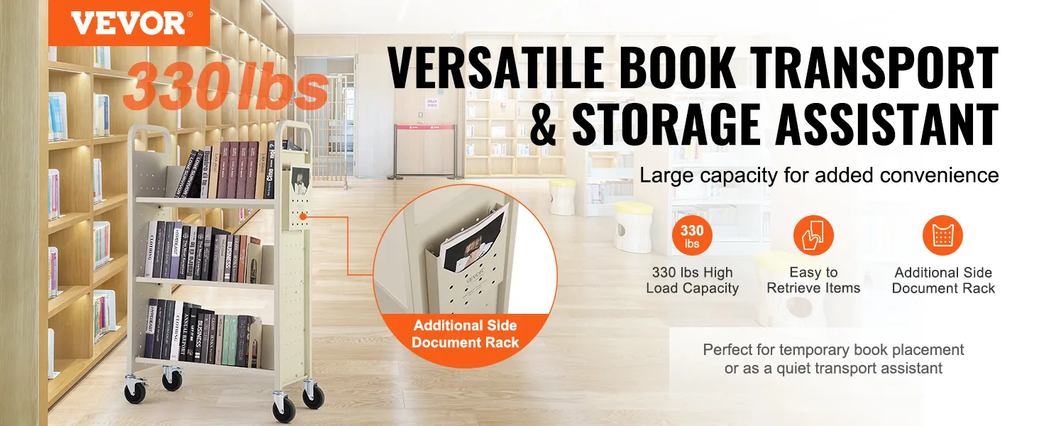 Carro de libros VEVOR con capacidad de 330 lb en un entorno de biblioteca, estante lateral adicional para documentos resaltado.