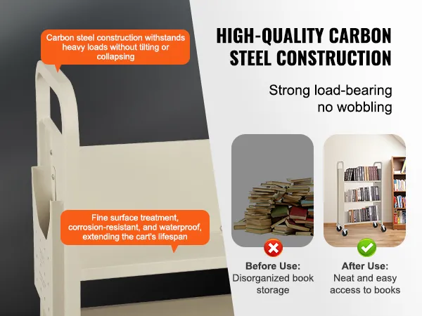 Carro de libros VEVOR con acero al carbono de alta calidad, resistente a la corrosión, soporta cargas pesadas, sin tambalearse.