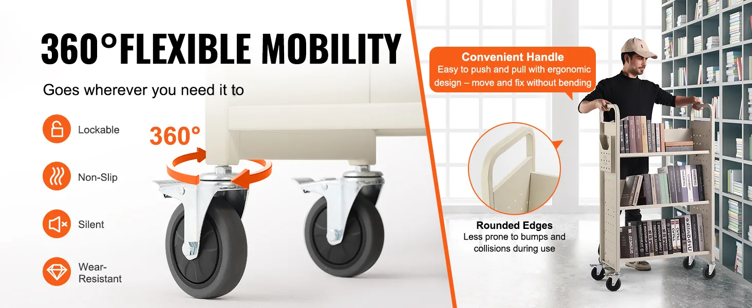 Carro de libros VEVOR con ruedas bloqueables de 360°, asa ergonómica y bordes redondeados para una fácil maniobrabilidad.