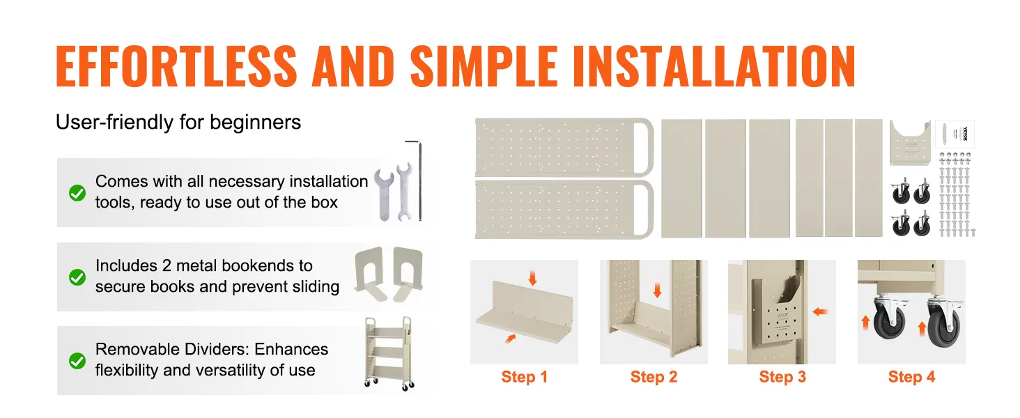 Instalación sin esfuerzo del carrito de libros VEVOR con herramientas, sujetalibros de metal y divisores extraíbles detallados.