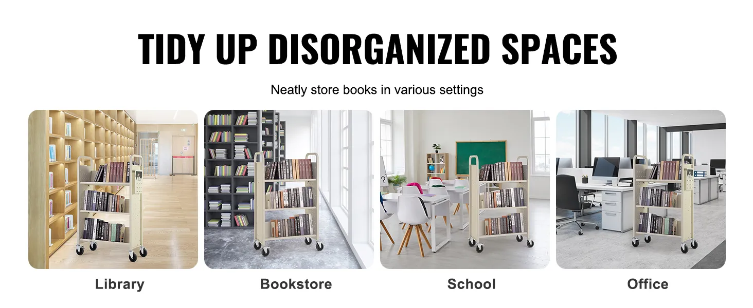 Carro de libros VEVOR utilizado en bibliotecas, librerías, escuelas y oficinas para organizar libros de manera eficiente.