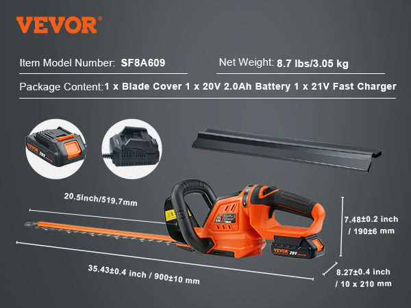 VEVOR 20V Cordless Hedge Trimmer, 18 inch Double-edged Steel Blade