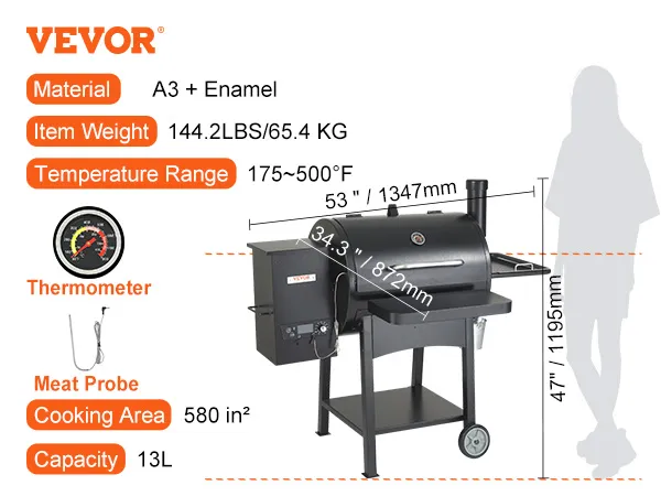 VEVOR charcoal grill with a3+enamel, 580 in² cooking area, 175-500°f temp range, and built-in thermometer.