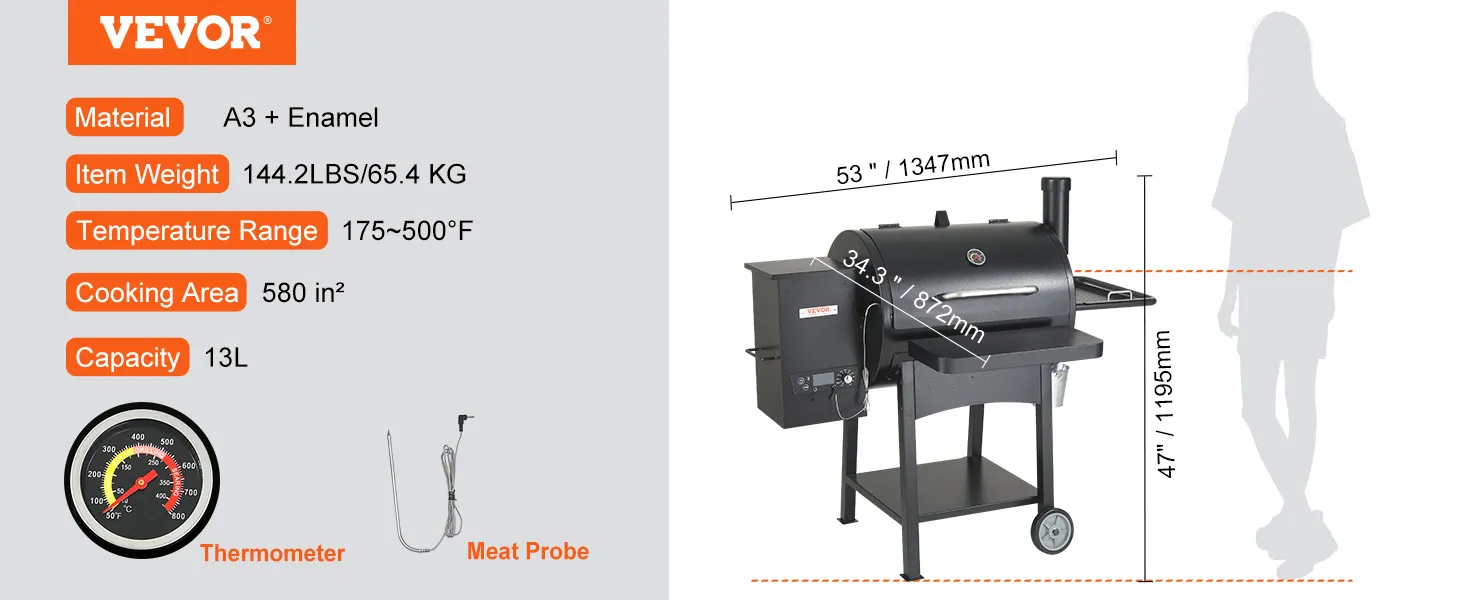VEVOR charcoal grill with a3+enamel, 580 in² cooking area, 175-500°f temp range, and built-in thermometer.