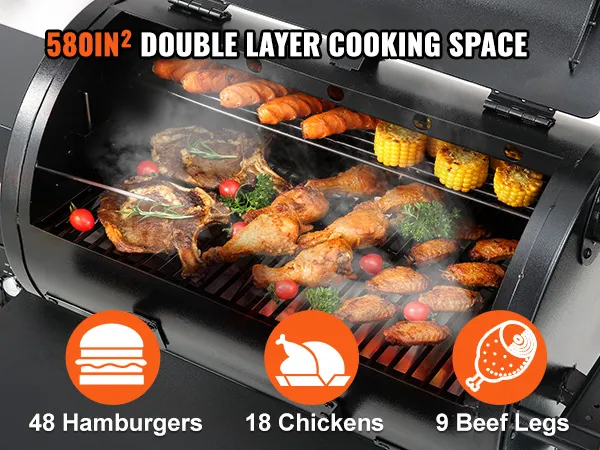 VEVOR charcoal grill with 580sq in double-layer cooking space, grilling assorted meats and vegetables.
