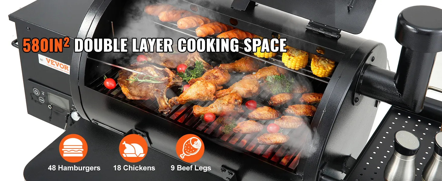 VEVOR charcoal grill with 580sq in double-layer cooking space, grilling assorted meats and vegetables.