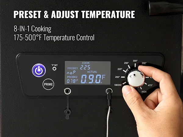 preset temperature control on the VEVOR charcoal grill for 8-in-1 cooking: grill, roast, sear, smoke, bake, braise, barbecue, char-grill.