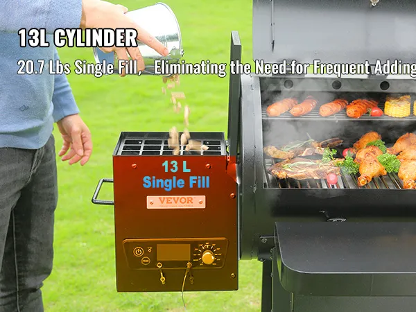 person using VEVOR charcoal grill, loaded with assorted grilled food, emphasizing 13l single fill feature.
