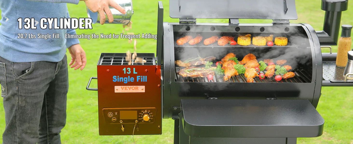 person using VEVOR charcoal grill, loaded with assorted grilled food, emphasizing 13l single fill feature.