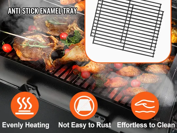 VEVOR charcoal grill cooking various meats and vegetables, featuring anti-stick enamel tray.