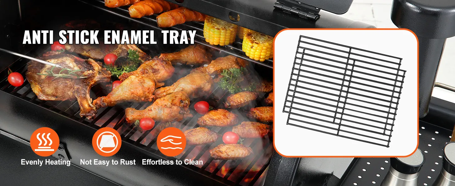 VEVOR charcoal grill cooking various meats and vegetables, featuring anti-stick enamel tray.