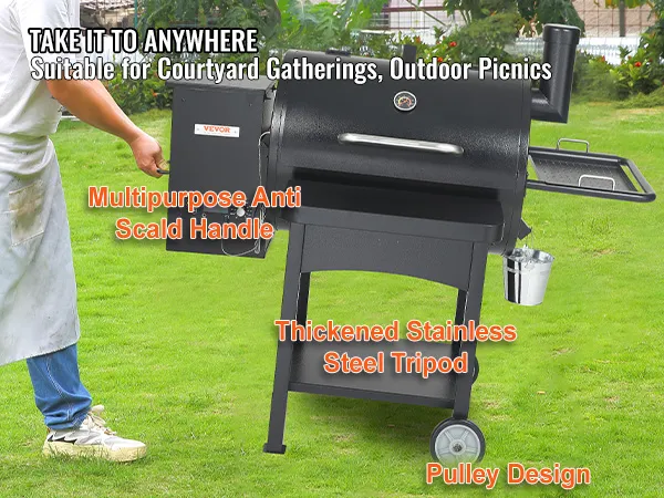 VEVOR charcoal grill with multipurpose handle, thickened steel tripod, and pulley design on grass yard.