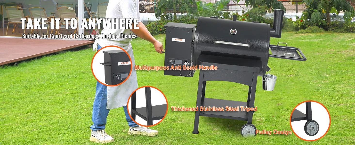 VEVOR charcoal grill with multipurpose handle, thickened steel tripod, and pulley design on grass yard.