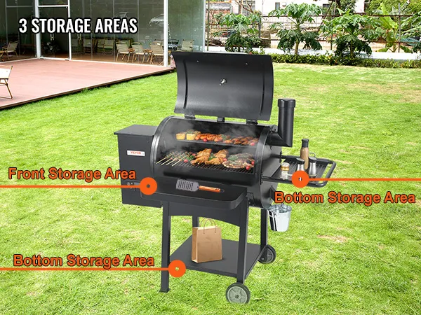 VEVOR charcoal grill with front and bottom storage areas for utensils and accessories in a backyard.