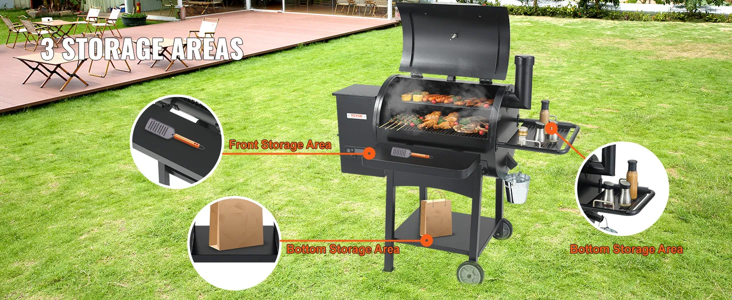 VEVOR charcoal grill with front and bottom storage areas for utensils and accessories in a backyard.