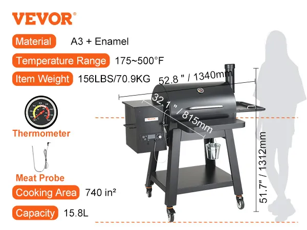 VEVOR charcoal grill with thermometer and meat probe, 156lbs, 740in² cooking area, 15.8l capacity.