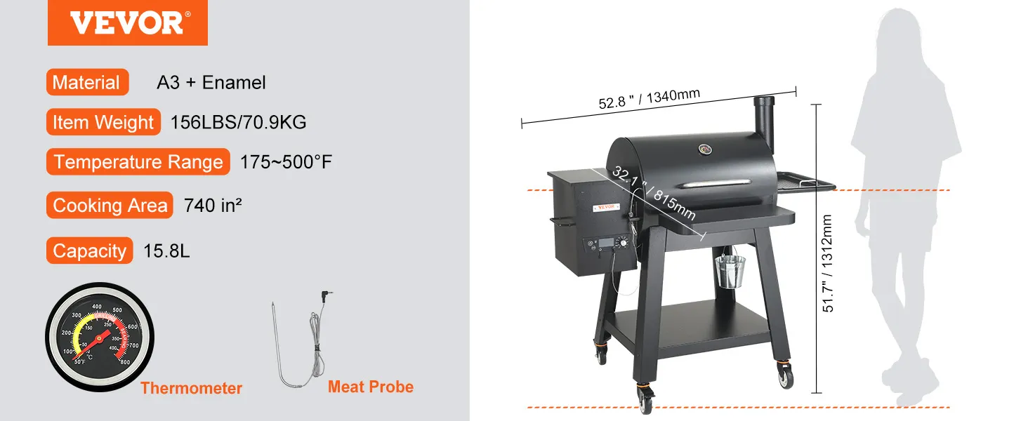 VEVOR charcoal grill with thermometer and meat probe, 156lbs, 740in² cooking area, 15.8l capacity.