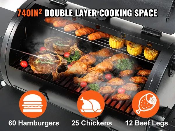 VEVOR charcoal grill with 740in² cooking space, grilling chicken, corn, and veggies with smoke rising.