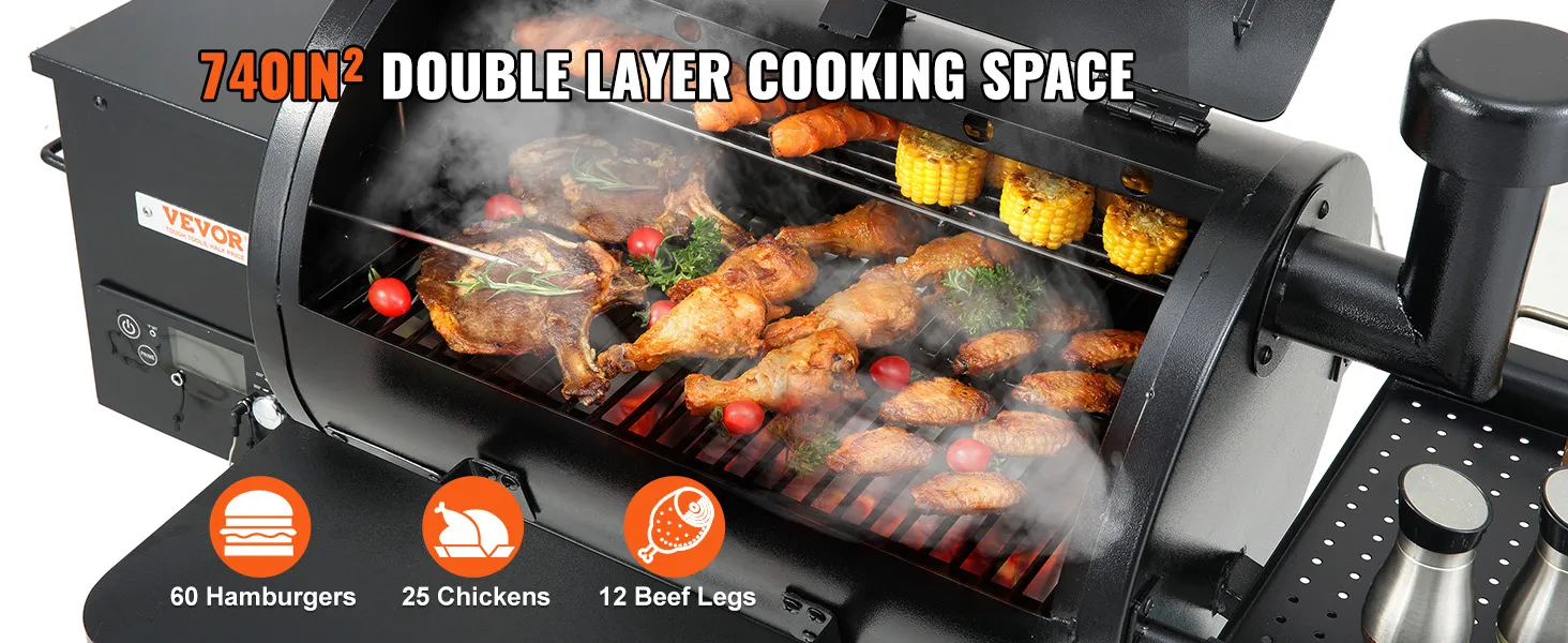 VEVOR charcoal grill with 740in² cooking space, grilling chicken, corn, and veggies with smoke rising.