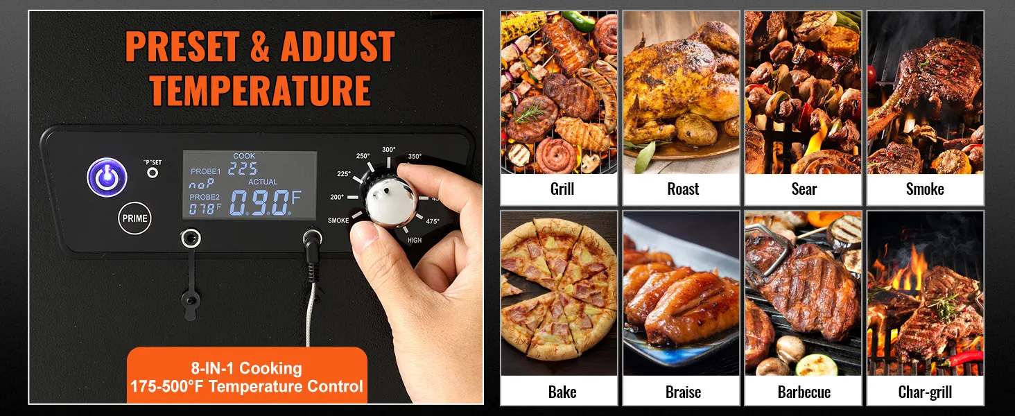 VEVOR charcoal grill's temperature control and 8 cooking modes: grill, roast, sear, smoke, bake, braise, barbecue, char-grill.