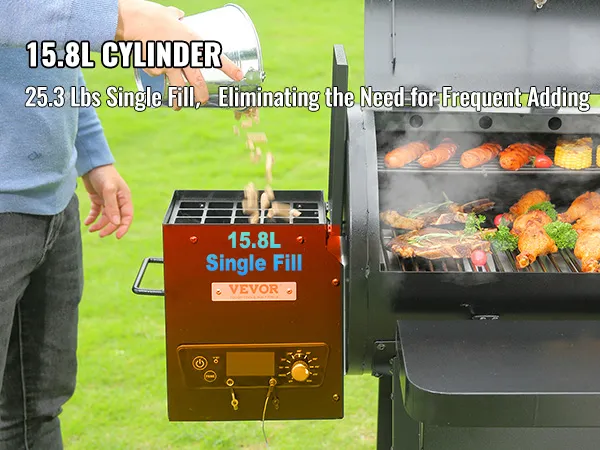 VEVOR charcoal grill with 15.8l cylinder, cooking sausages, chicken, corn, and vegetables.