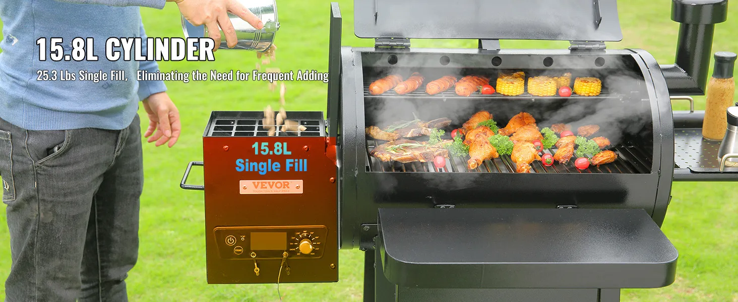VEVOR charcoal grill with 15.8l cylinder, cooking sausages, chicken, corn, and vegetables.