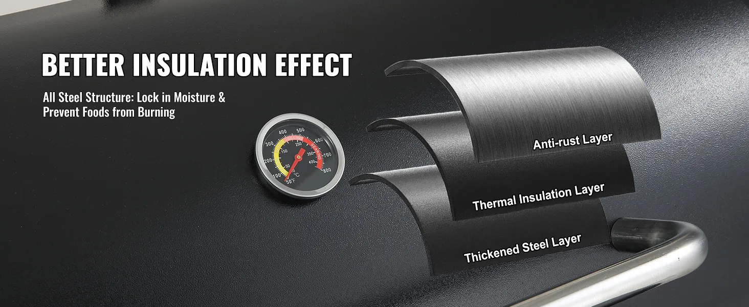 better insulation effect: VEVOR charcoal grill with anti-rust, thermal, and thickened steel layers.
