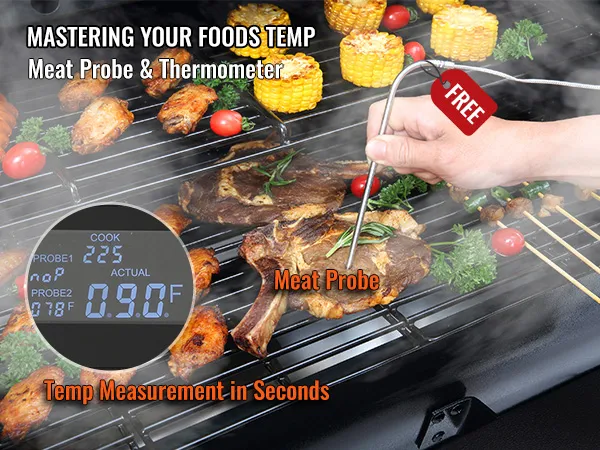 hand holding meat probe over steaks, vegetables, and skewers on a VEVOR charcoal grill.