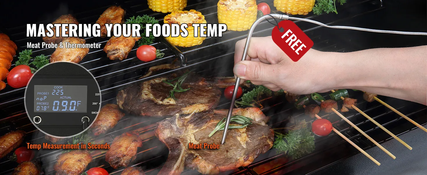 hand holding meat probe over steaks, vegetables, and skewers on a VEVOR charcoal grill.