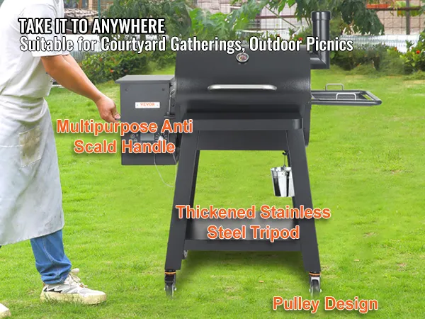 VEVOR charcoal grill for outdoor gatherings with anti-scald handle, steel tripod, and pulley design.