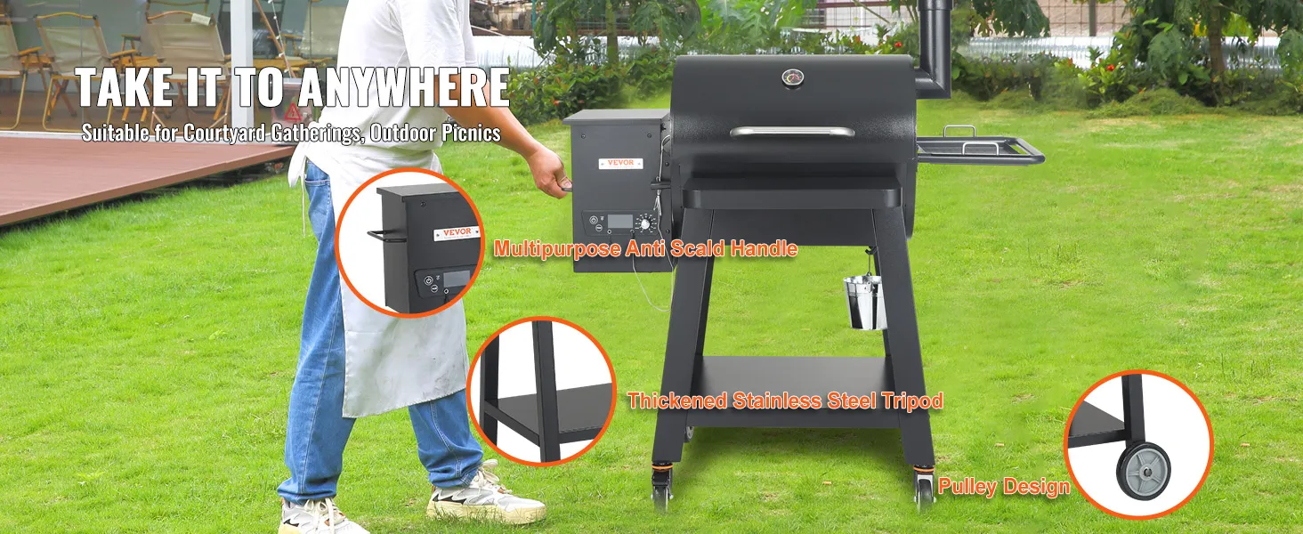 VEVOR charcoal grill for outdoor gatherings with anti-scald handle, steel tripod, and pulley design.
