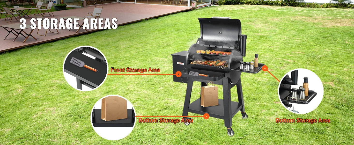 VEVOR charcoal grill with three storage areas in a backyard setting.