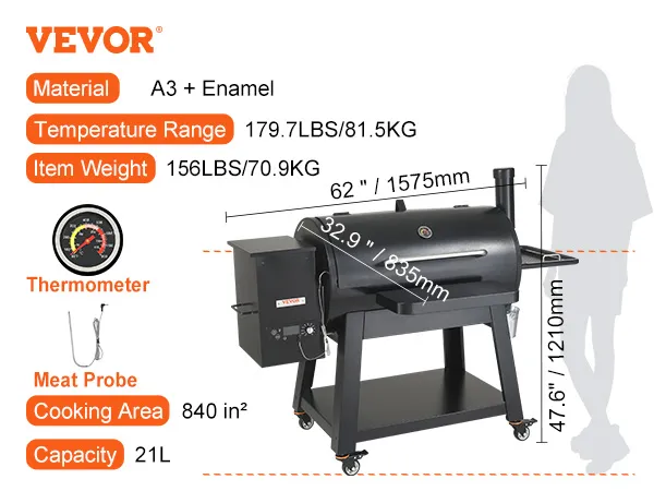 VEVOR heavy duty charcoal grill, a3 + enamel, 840 in² cooking area, 179.7 lbs, 175-500°f range.
