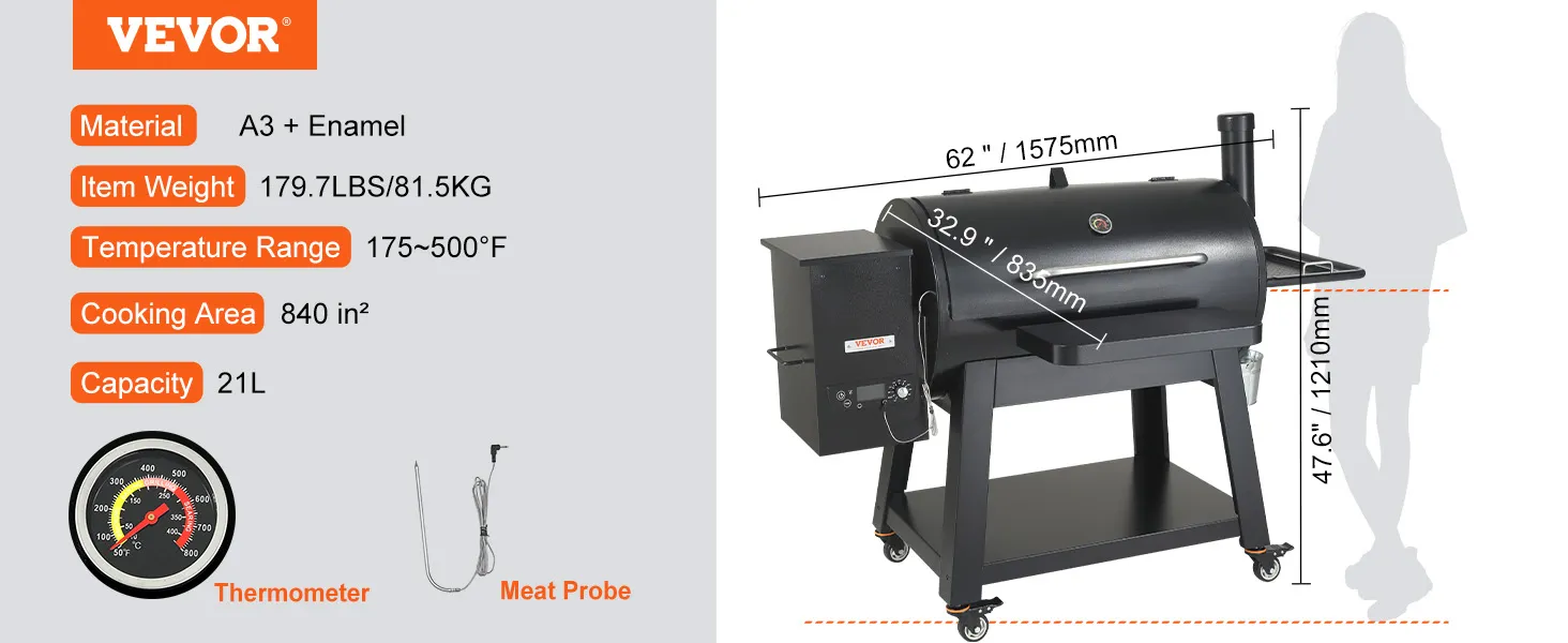 VEVOR heavy duty charcoal grill, a3 + enamel, 840 in² cooking area, 179.7 lbs, 175-500°f range.