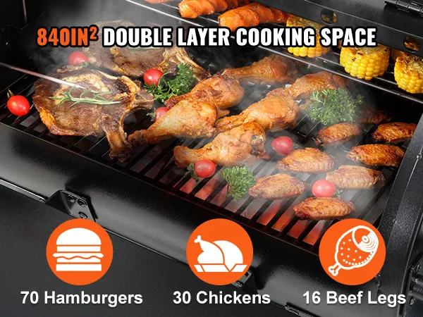 VEVOR heavy duty charcoal grill with 840in² double layer cooking space, grilling chicken and corn.