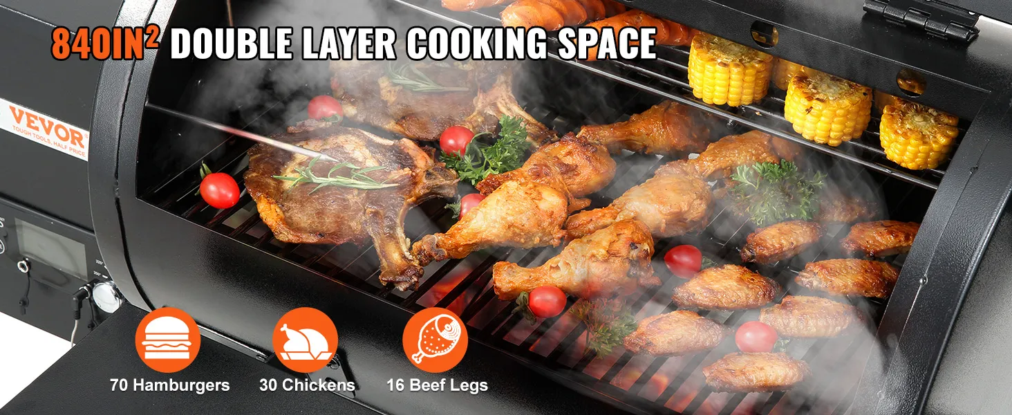 VEVOR heavy duty charcoal grill with 840in² double layer cooking space, grilling chicken and corn.