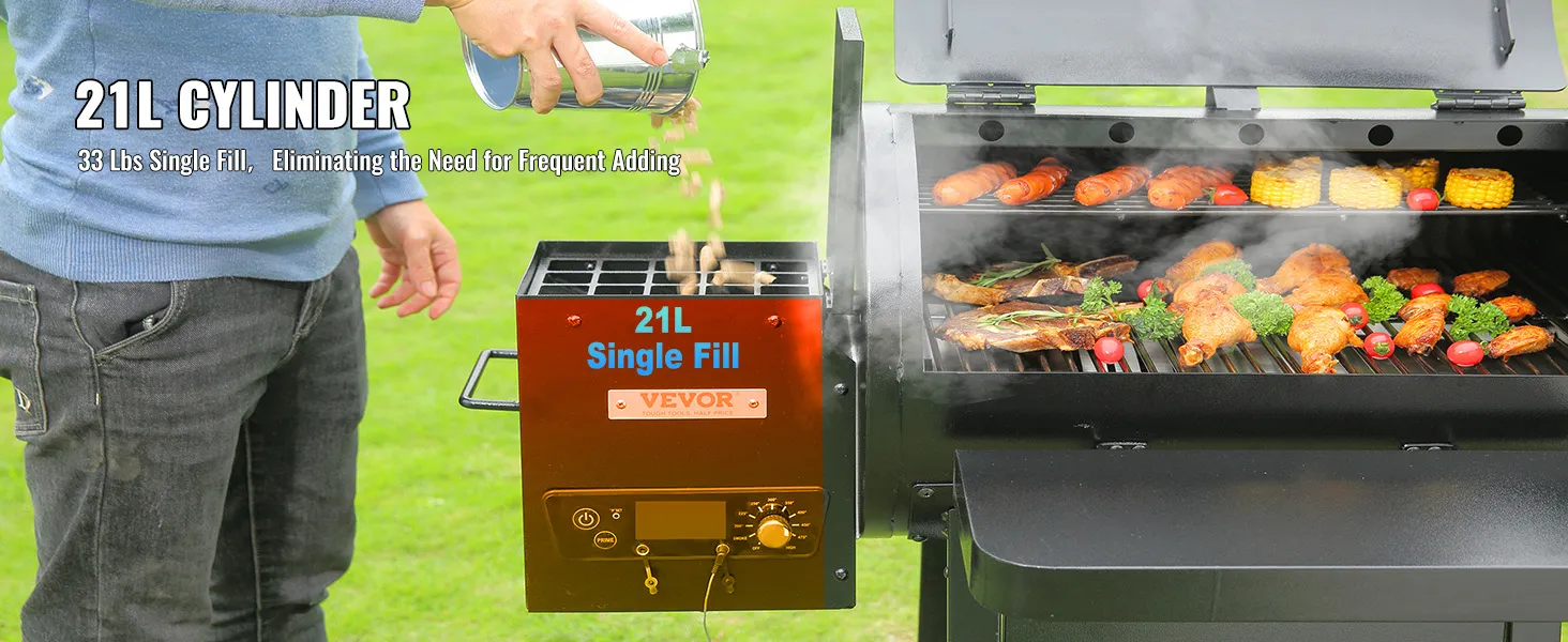 person pouring wood pellets into a VEVOR heavy duty charcoal grill with various meats and vegetables grilling.