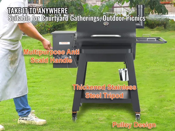 VEVOR heavy duty charcoal grill in a backyard, showcasing handles, tripod, and pulley for easy transport.