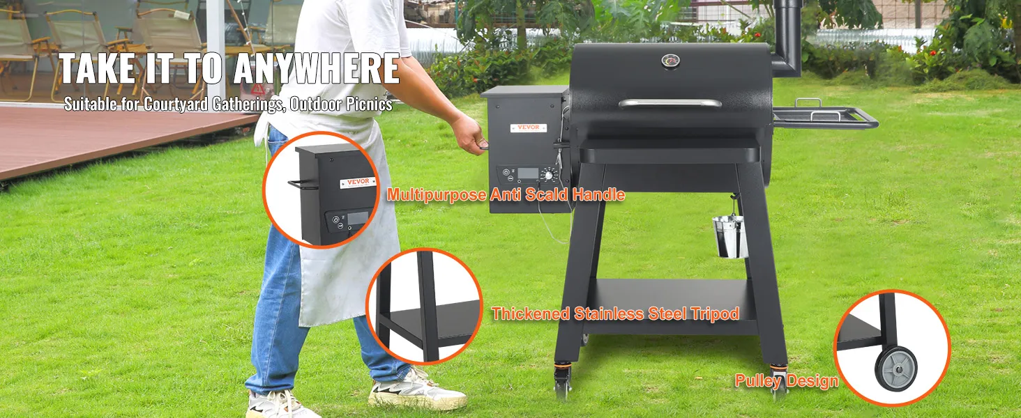 VEVOR heavy duty charcoal grill in a backyard, showcasing handles, tripod, and pulley for easy transport.