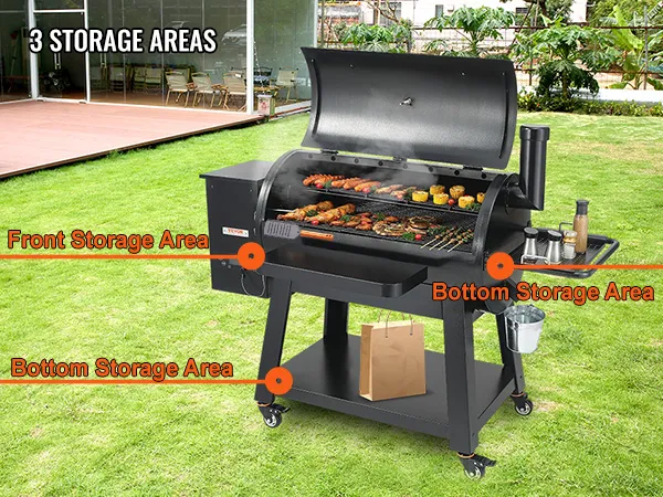 VEVOR heavy duty charcoal grill with 3 storage areas, featuring front and bottom storage zones.