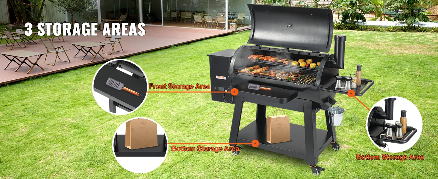 VEVOR heavy duty charcoal grill with 3 storage areas, featuring front and bottom storage zones.