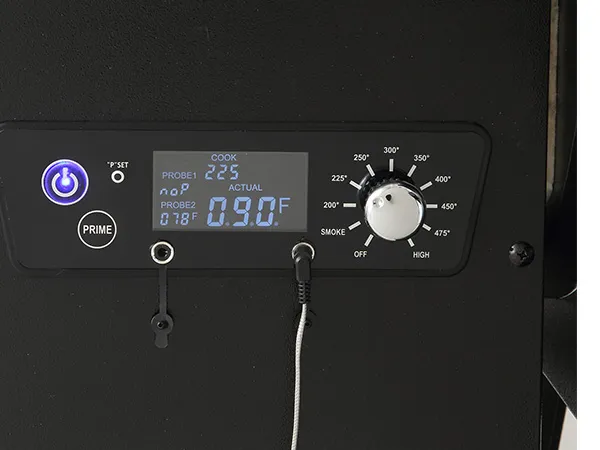 control panel of a VEVOR heavy duty charcoal grill, showing temperature settings and power button.