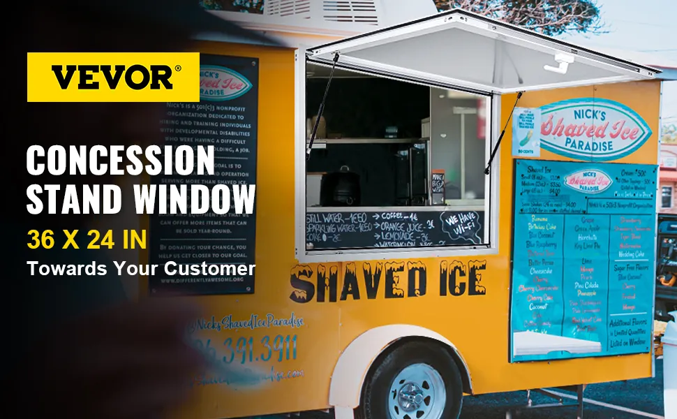 VEVOR concession window on a mobile shaved ice stand, menu displayed on a yellow truck.